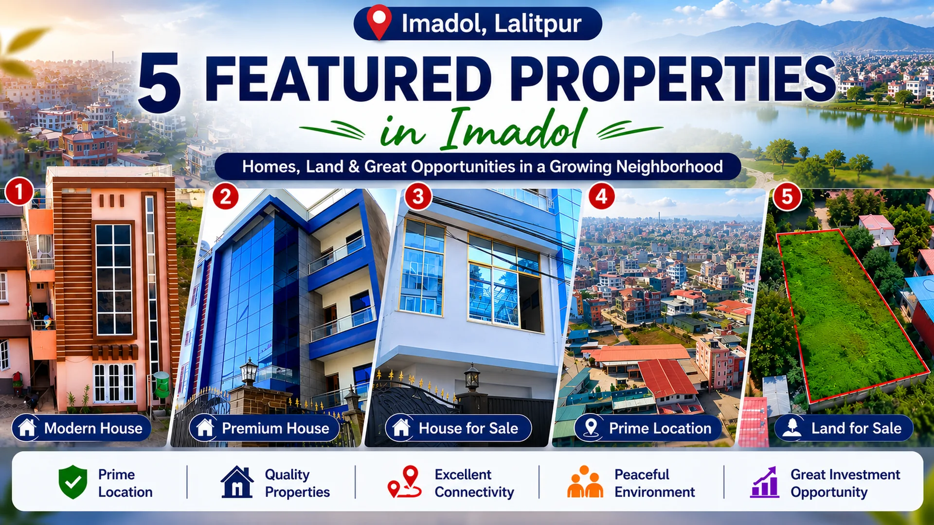 Property in Imadol shown through a collage of five featured properties across Mahalaxmi-4, Sital Height, Bojepokhari, Swimming Pool/Main Road, and Ochu Height/KIST in Lalitpur, Nepal.