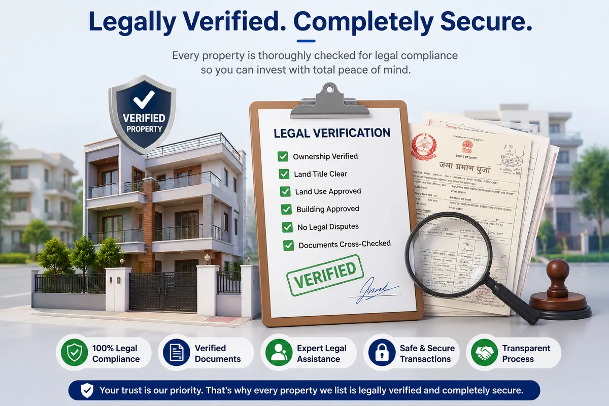Infographic showing key legal verification steps for buying property in Imadol, Lalitpur, including ownership verification, land title, land use approval, building approval, and document cross-check
