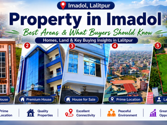 Property in Imadol shown through a collage of five featured properties across Mahalaxmi-4, Sital Height, Bojepokhari, Swimming Pool/Main Road, and Ochu Height/KIST in Lalitpur, Nepal.