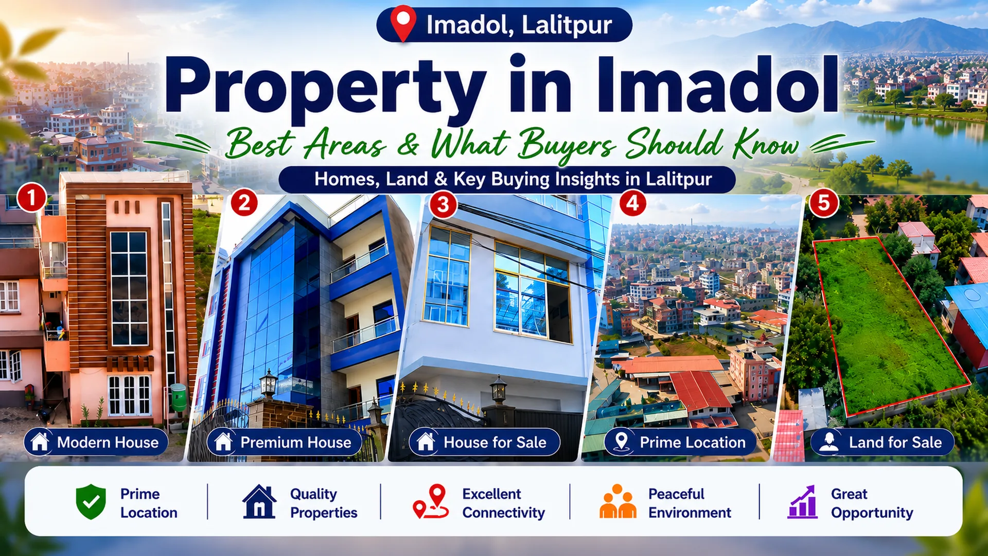 Property in Imadol shown through a collage of five featured properties across Mahalaxmi-4, Sital Height, Bojepokhari, Swimming Pool/Main Road, and Ochu Height/KIST in Lalitpur, Nepal.
