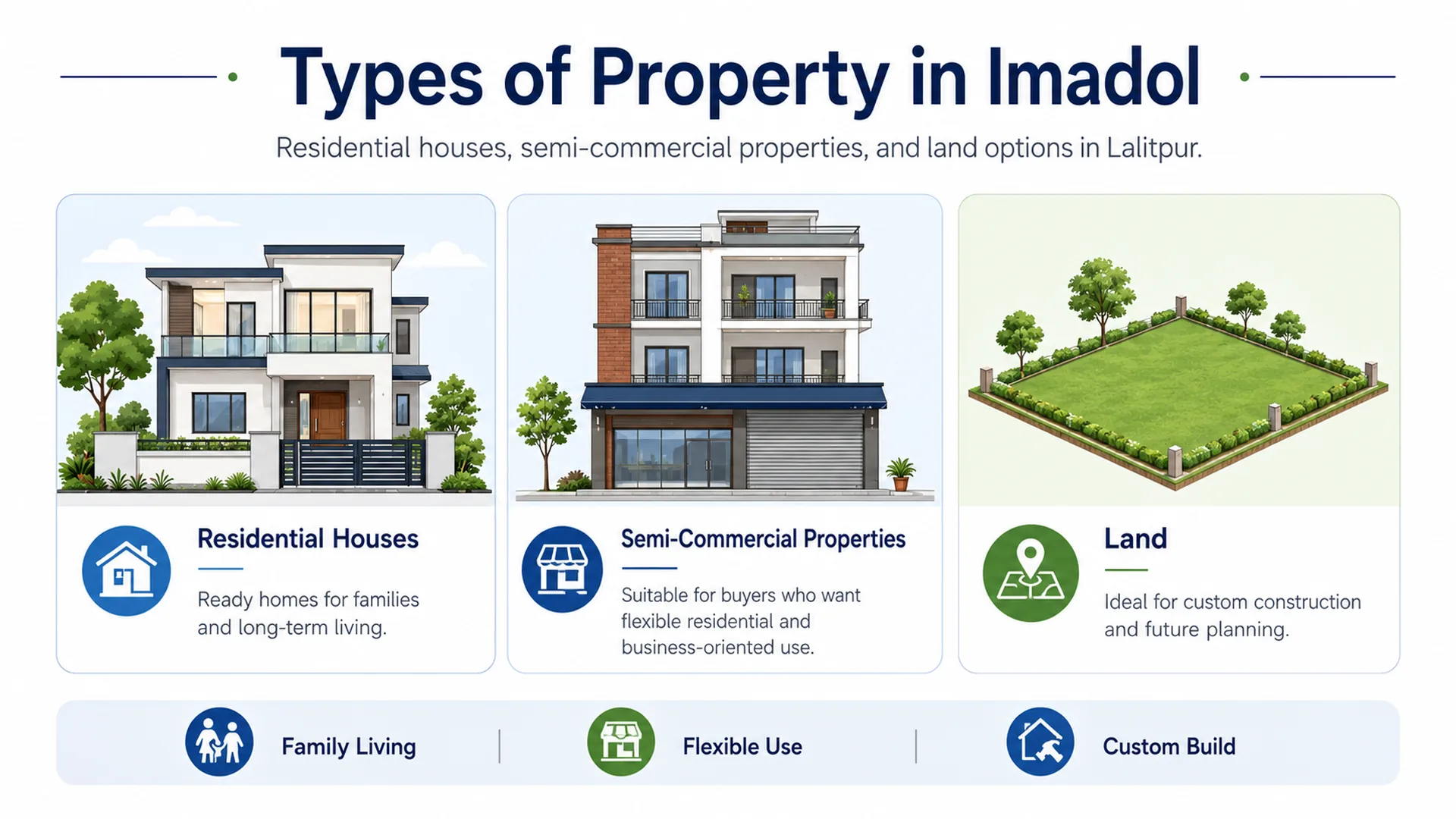 Types of property in Imadol including residential houses, semi-commercial properties, and land for custom construction in Lalitpur.
