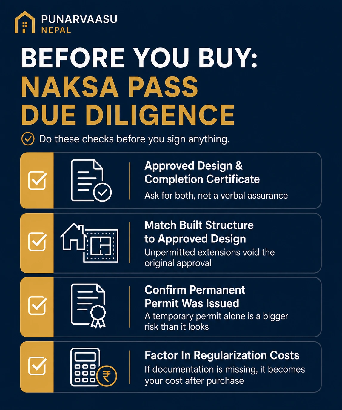 Buyer due-diligence checklist for Naksa Pass in Nepal: approved design, matching structure, permanent permit, regularization costs.