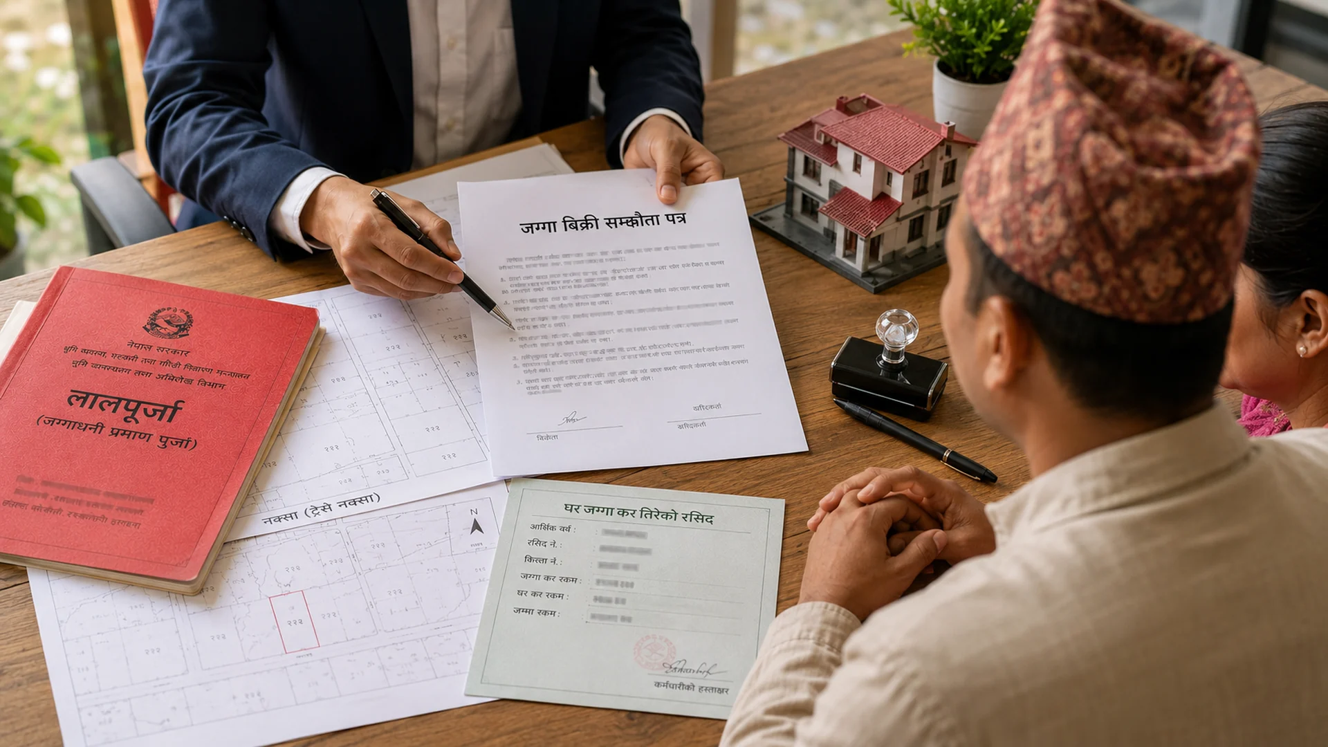 Buyer and seller reviewing a Bayana agreement for a land sale in Nepal