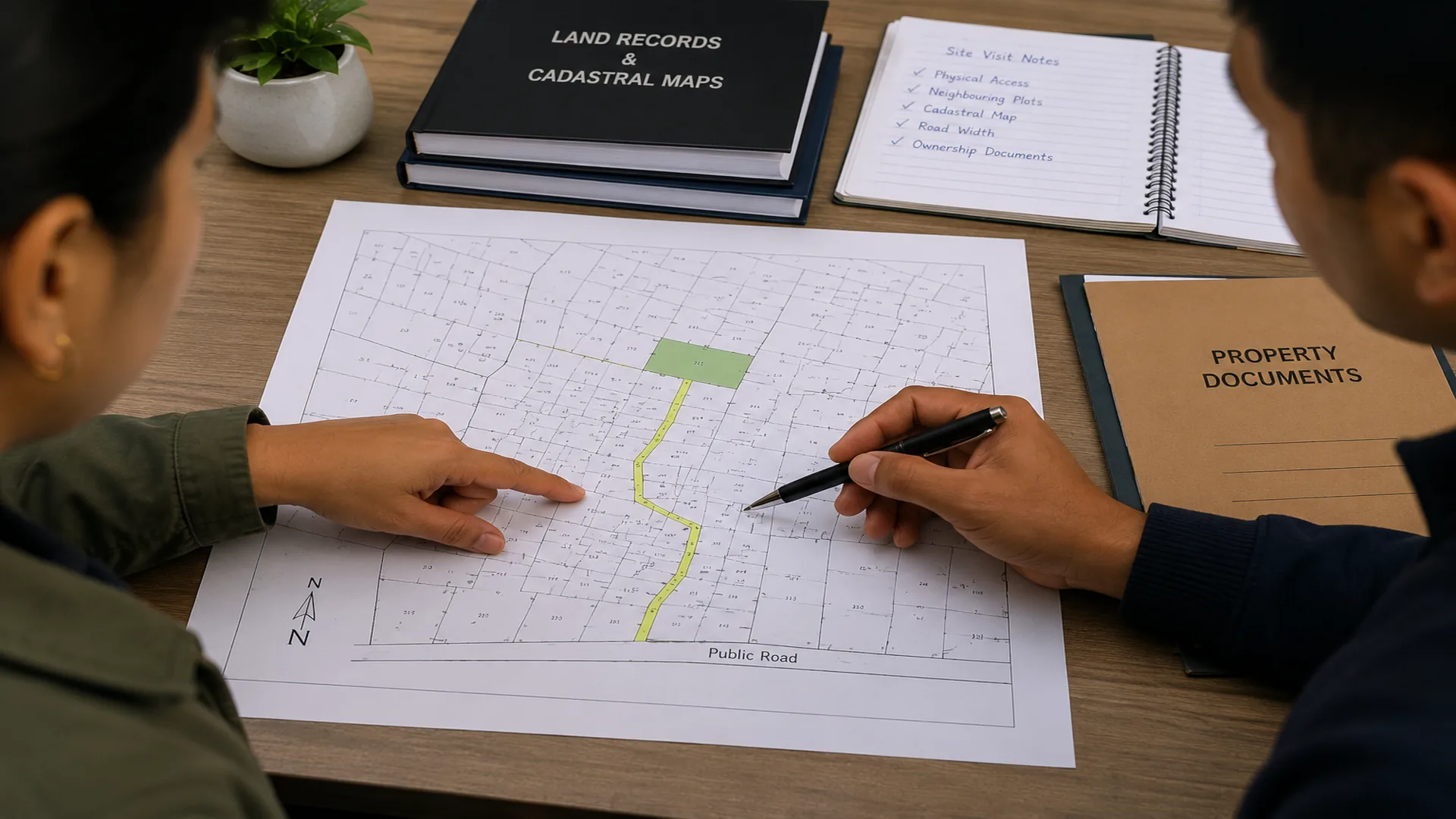 Buyer checking right of way on a cadastral map in Nepal