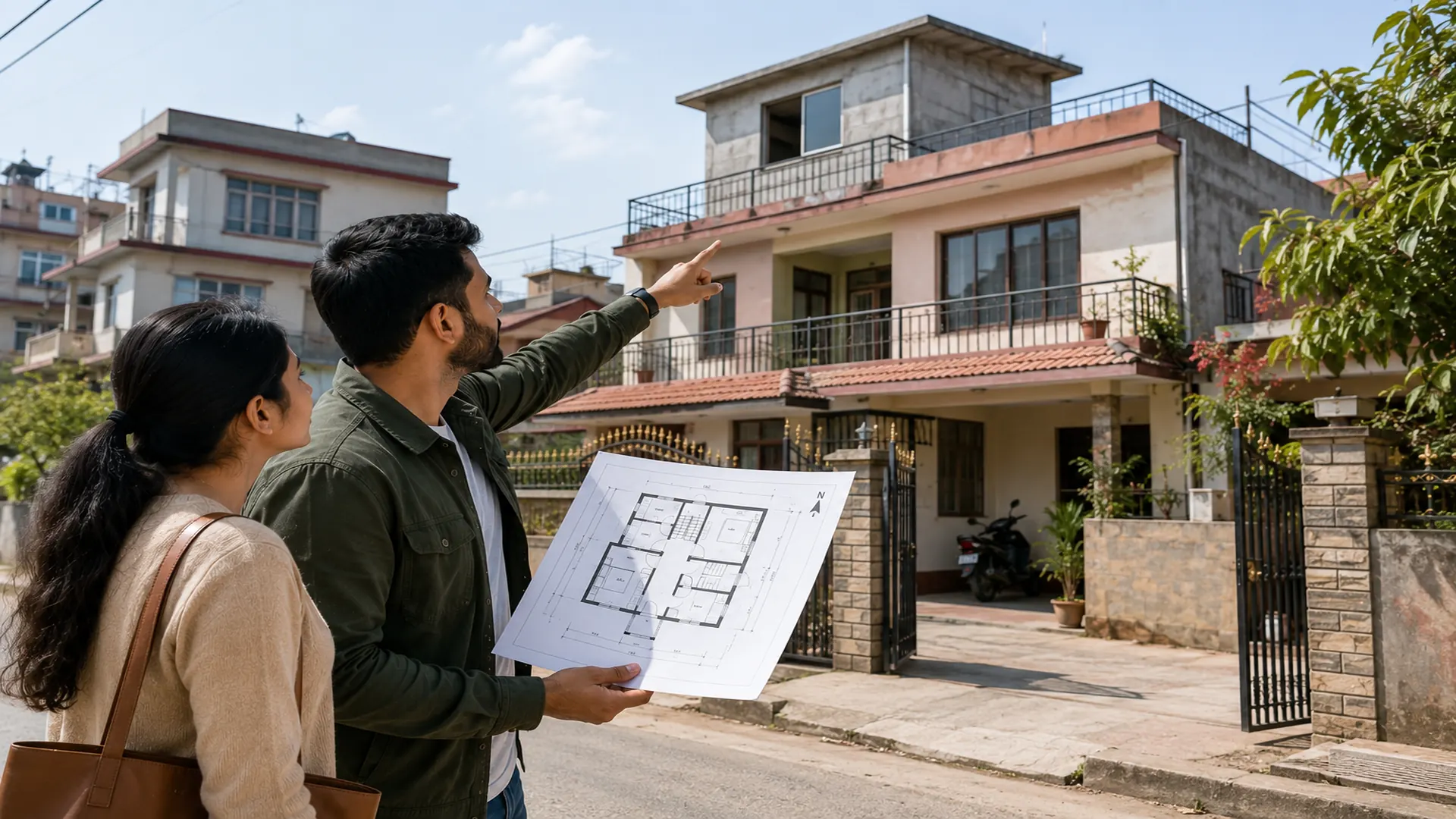 Buyer comparing a house with its approved Naksa during a house inspection in Nepal