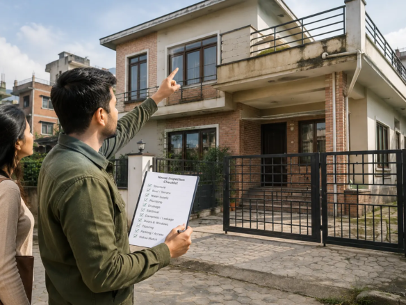 House inspection checklist in Nepal showing buyers checking a house before paying an advance