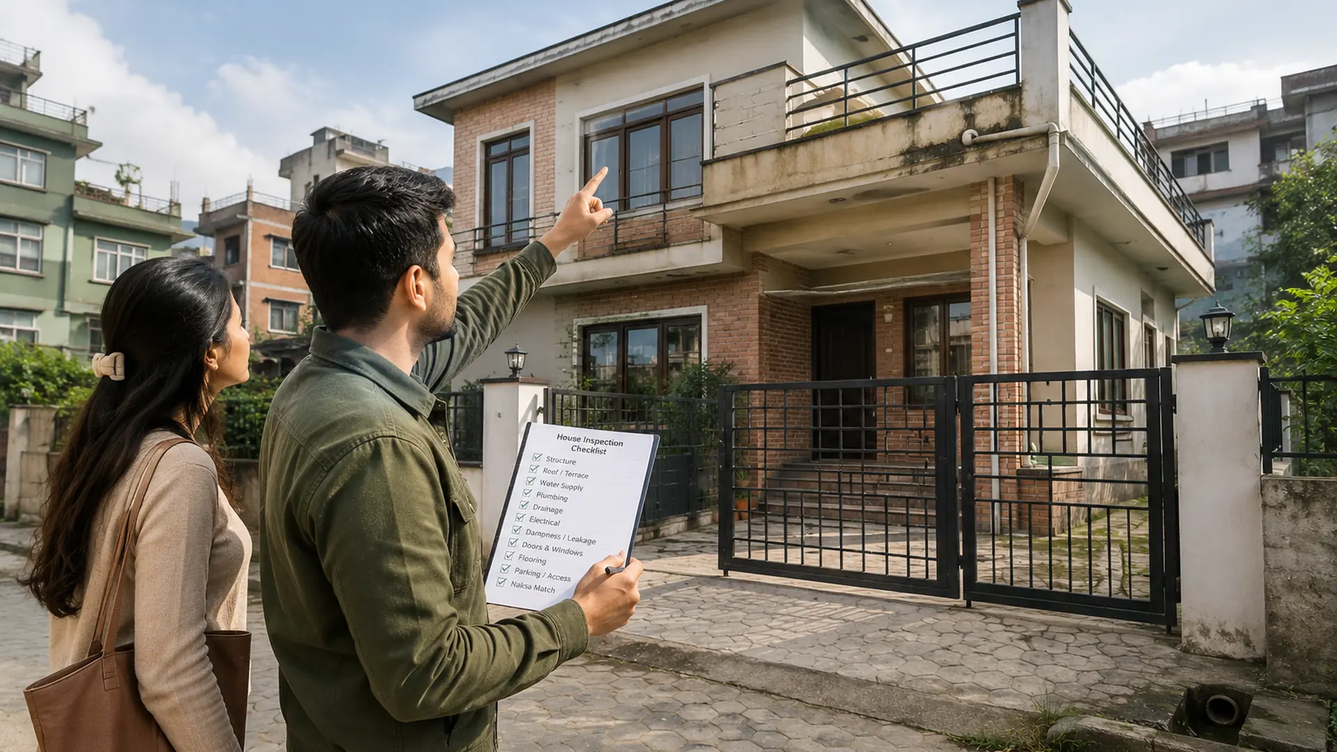 House inspection checklist in Nepal showing buyers checking a house before paying an advance