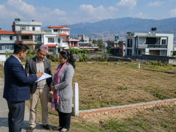 How to sell land in Nepal with a landowner, buyer, and real estate adviser reviewing a residential plot