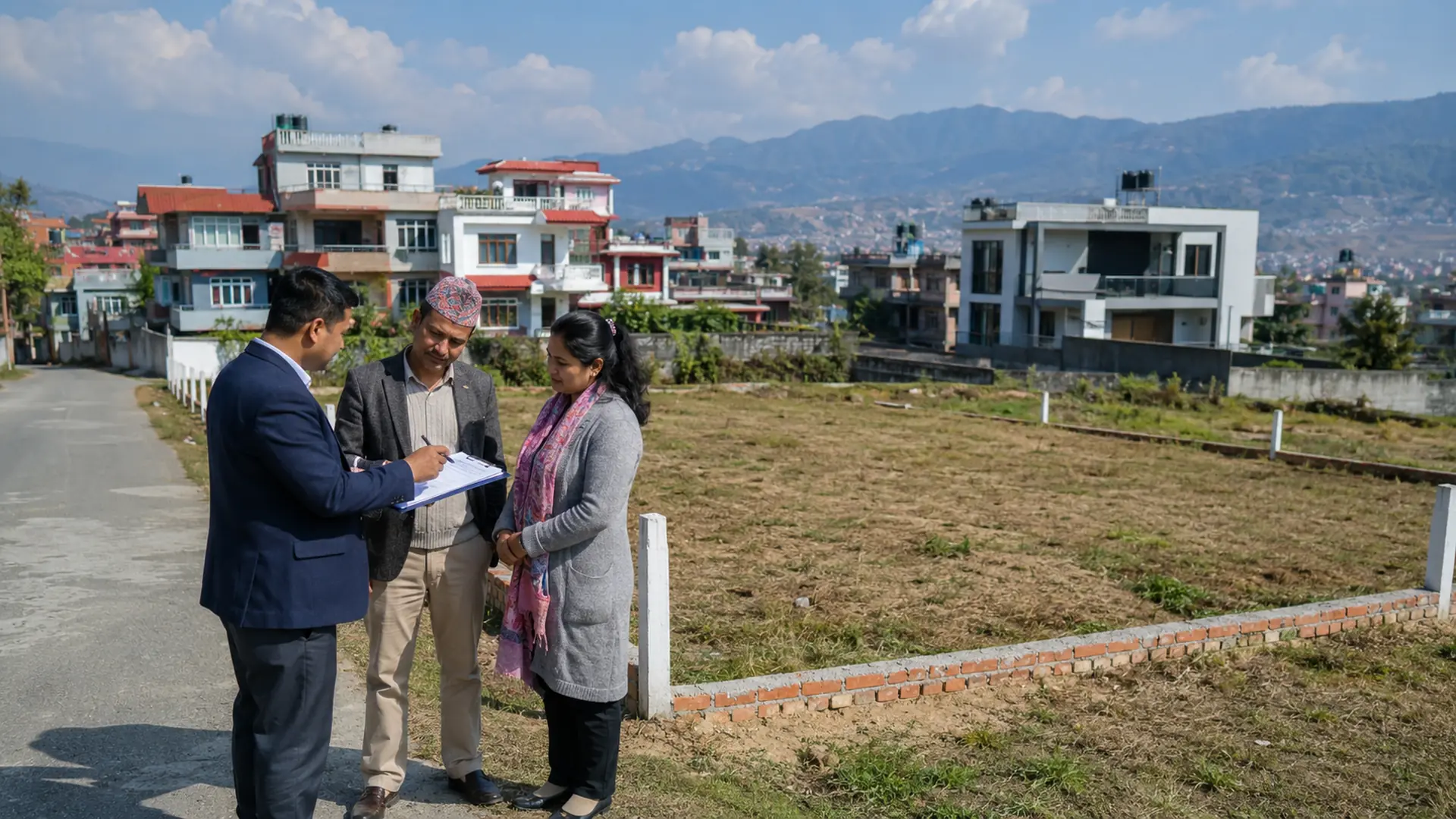 How to sell land in Nepal with a landowner, buyer, and real estate adviser reviewing a residential plot