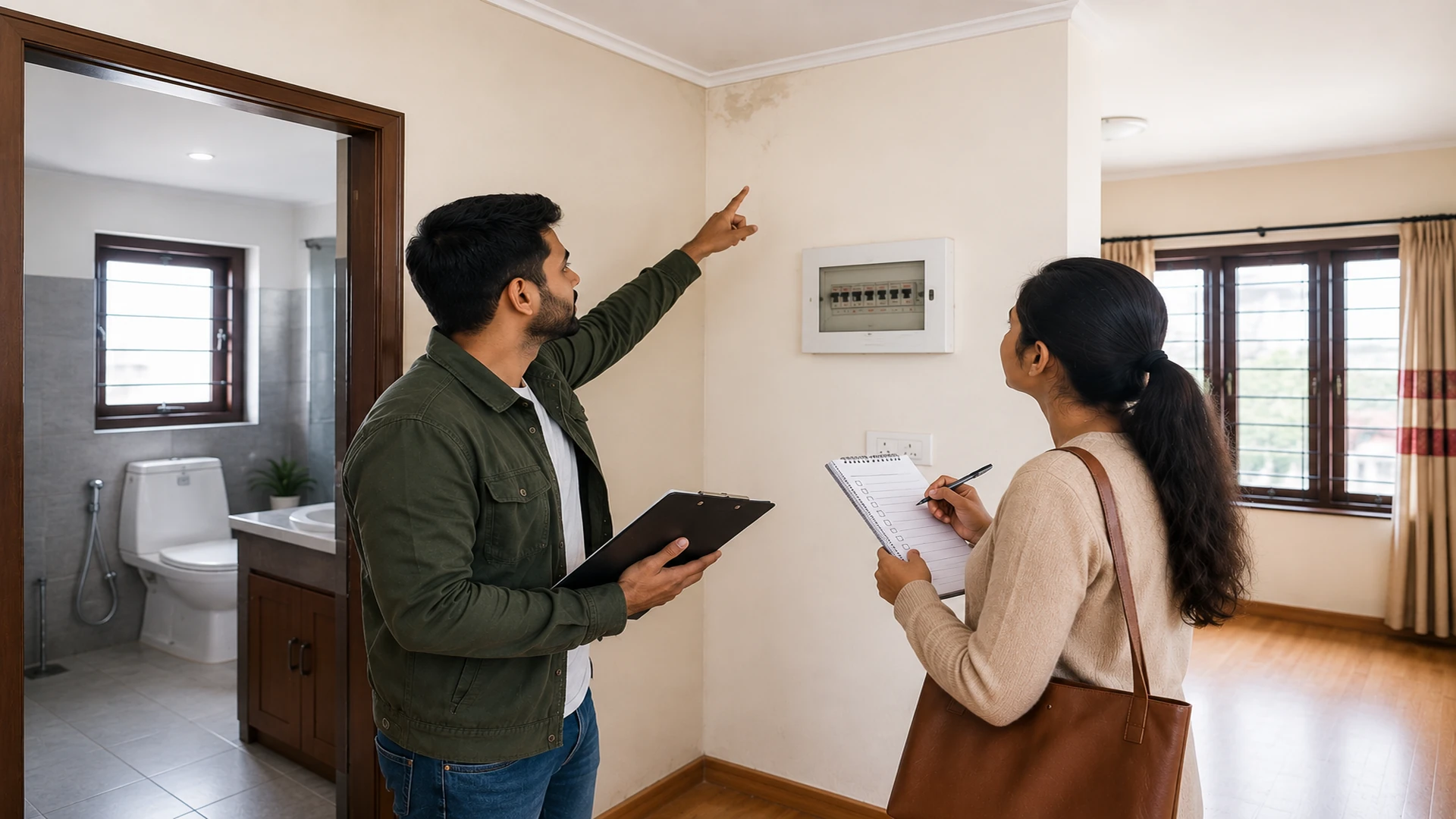 Buyers using a house inspection checklist in Nepal to check indoor dampness and electrical condition