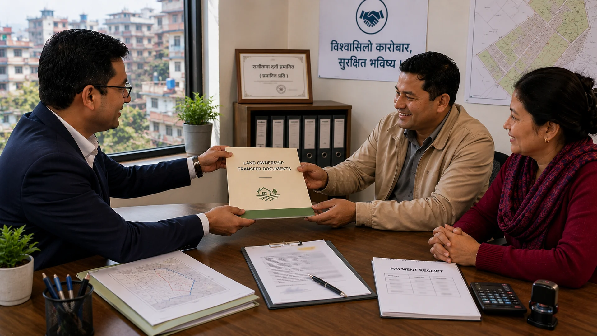 Buyer and seller completing the final land ownership transfer process in Nepal
