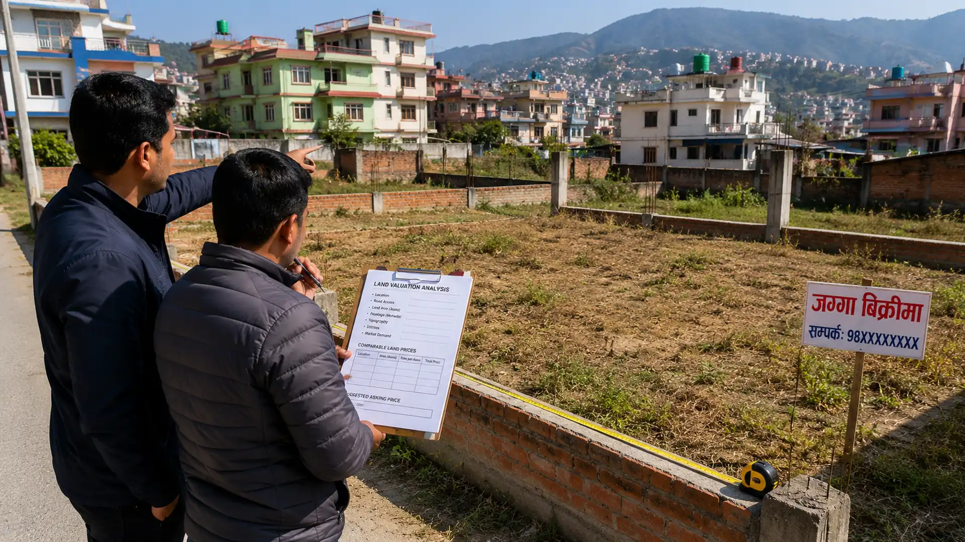 Property professionals assessing a residential land plot in Nepal before setting its selling price