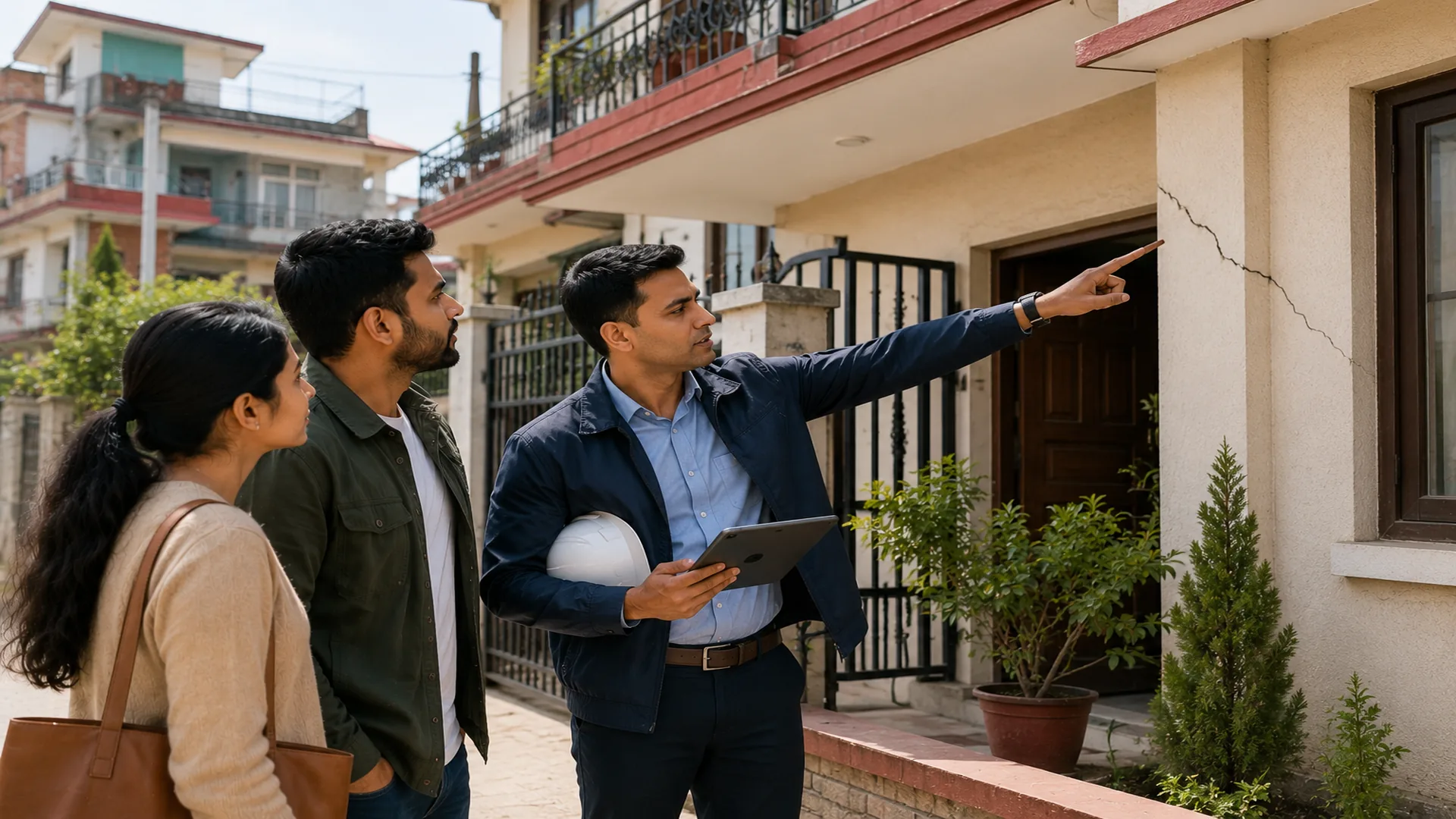 Qualified engineer reviewing structural cracks with buyers during a house inspection in Nepal