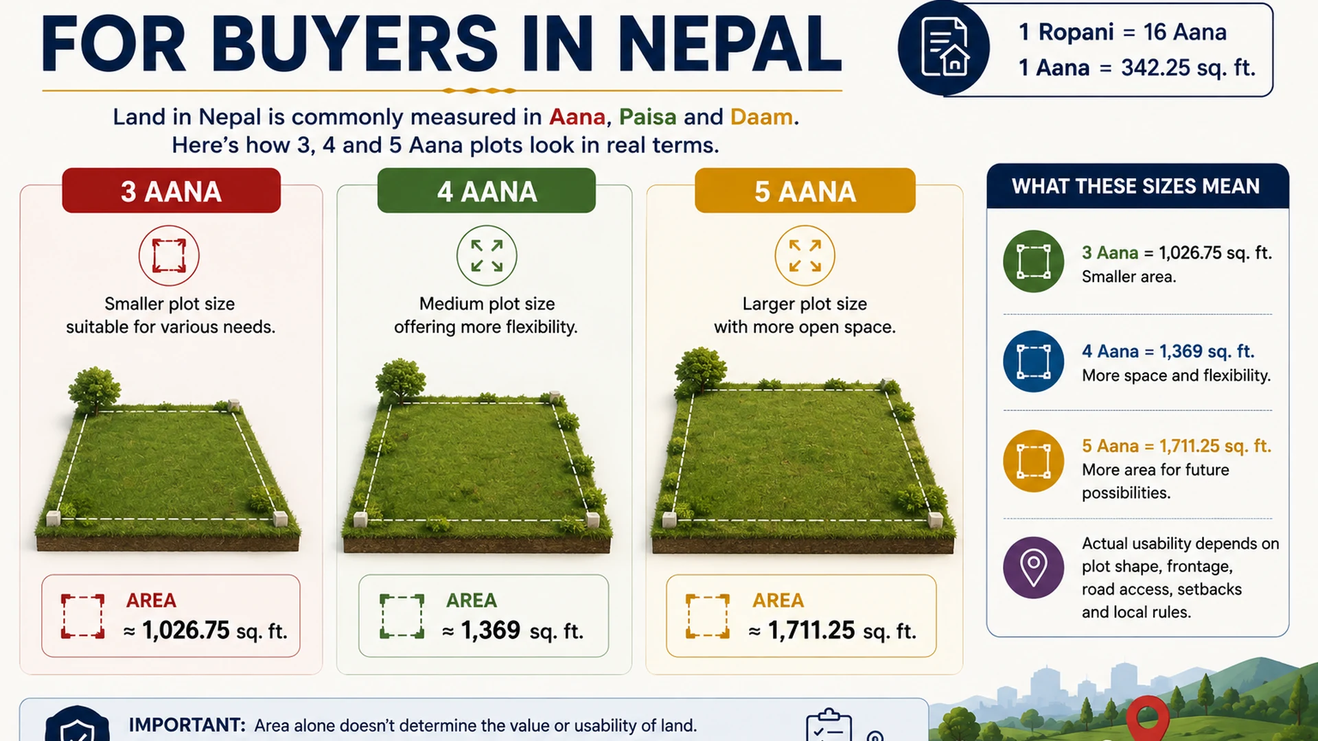 Common land sizes in Nepal showing 3, 4 and 5 Aana plot areas
