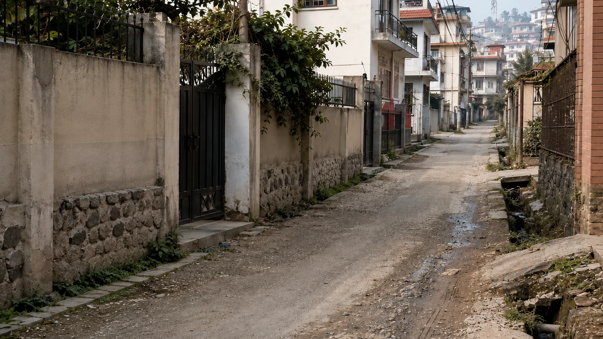 Narrow residential access road beside a property in Nepal showing why ghar bato sifaris matters when verifying road access before buying property.
