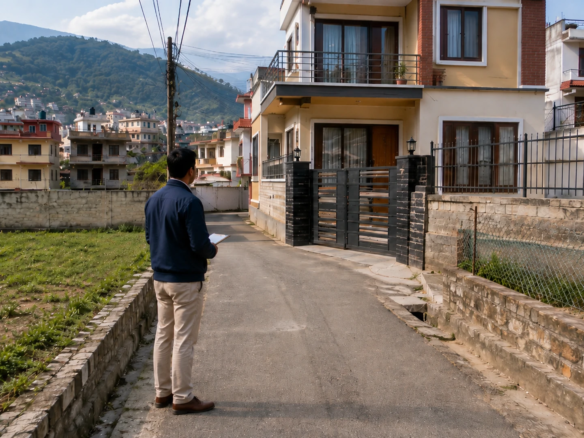 ghar bato sifaris hero image showing a Nepal-style residential property connected to a narrow access road, with one person standing beside the road and observing the property in a realistic Kathmandu Valley setting