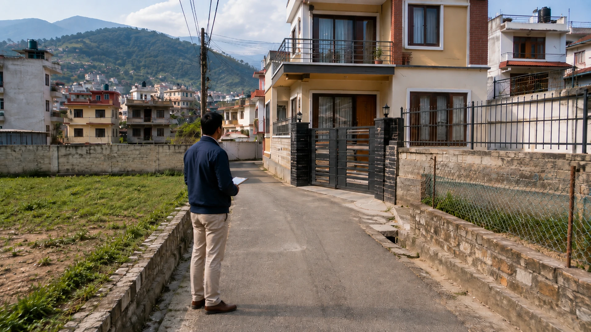 ghar bato sifaris hero image showing a Nepal-style residential property connected to a narrow access road, with one person standing beside the road and observing the property in a realistic Kathmandu Valley setting