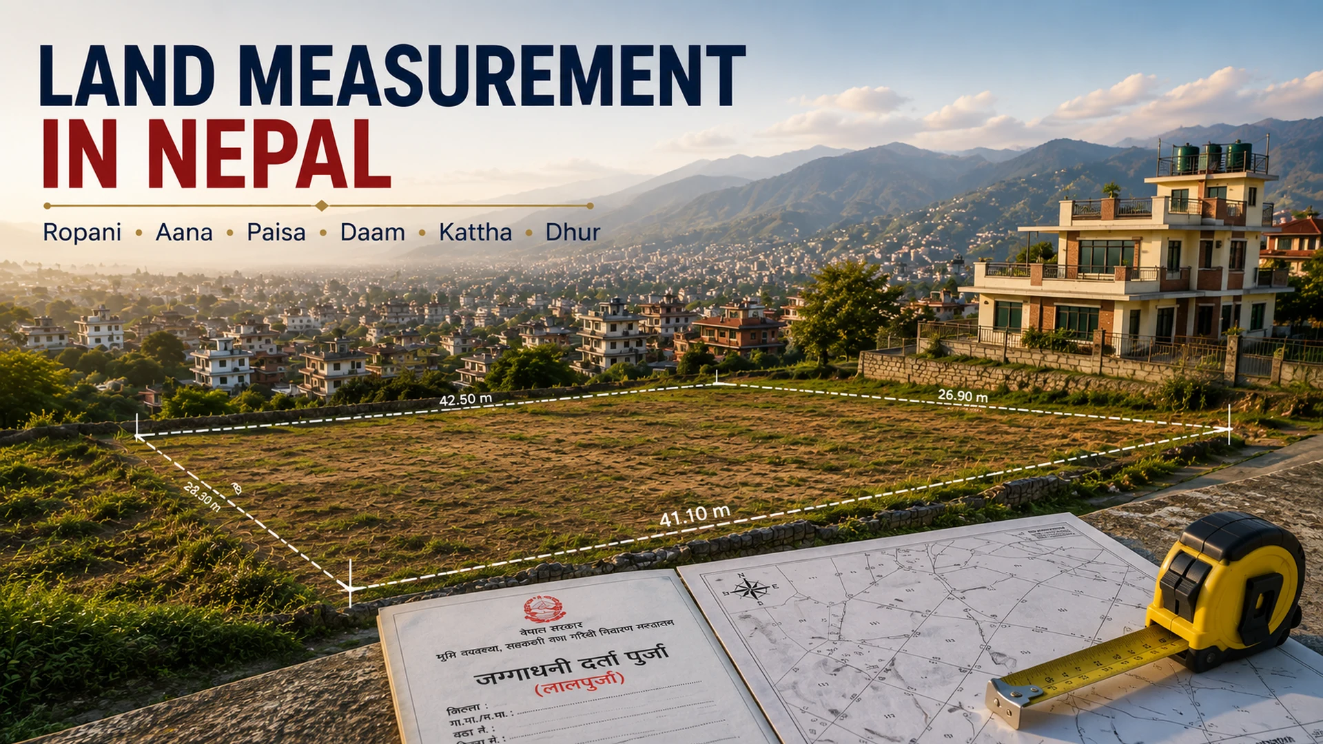 Land measurement in Nepal showing Ropani, Aana, Paisa, Daam, Kattha and Dhur units