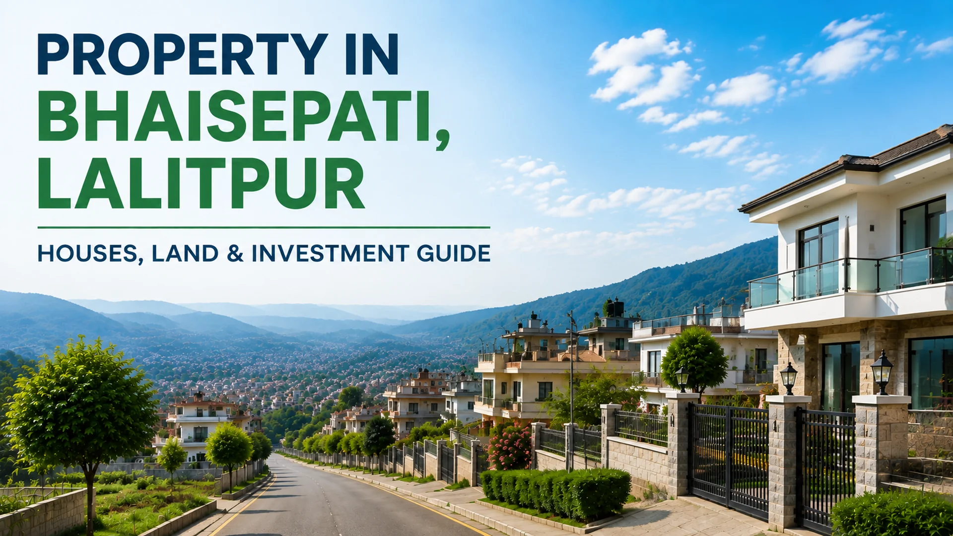 Property in Bhaisepati, Lalitpur featuring modern residential houses and a scenic Kathmandu Valley neighborhood