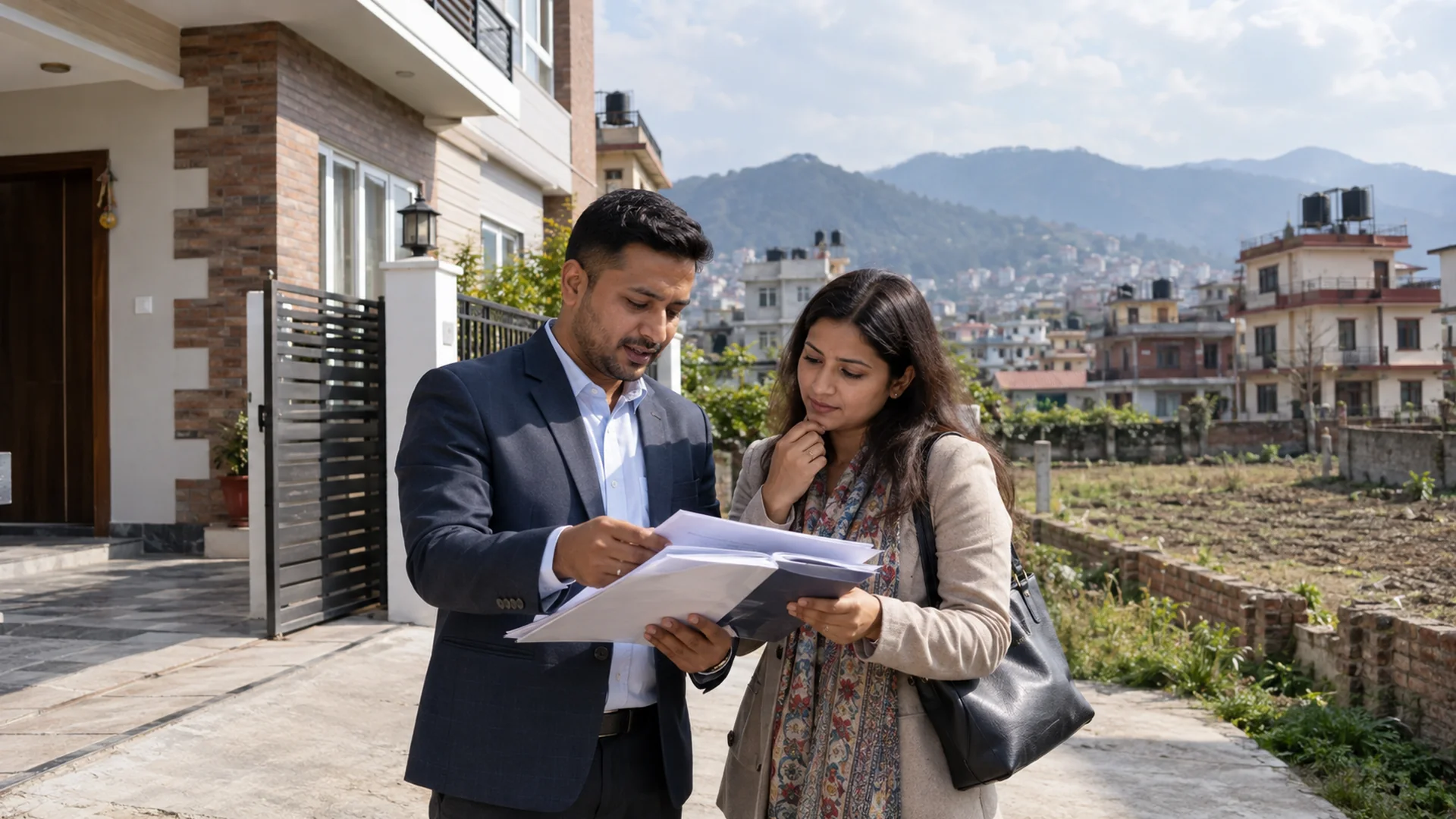 Two people reviewing property documents beside residential land and a house in Nepal.
