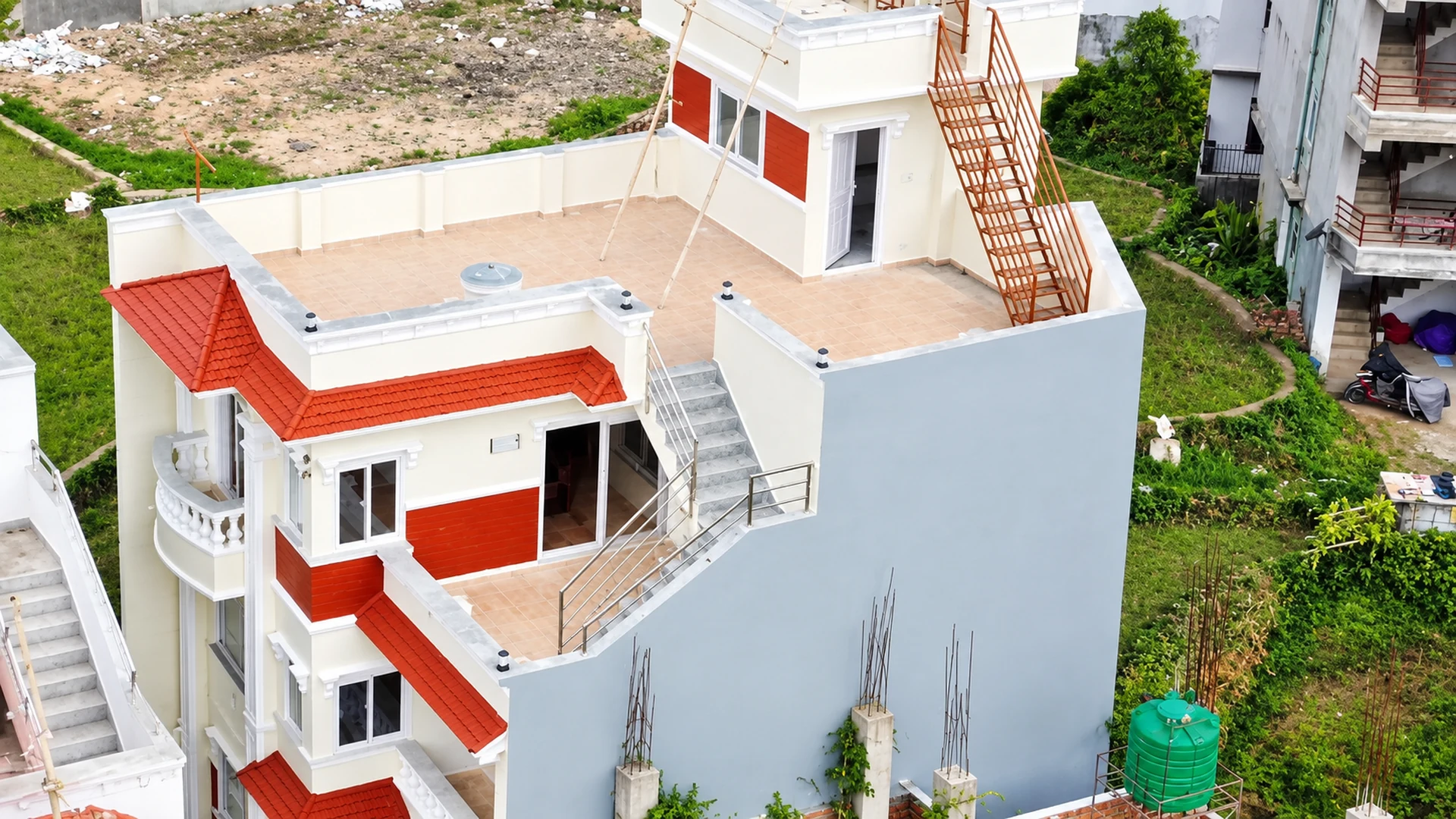 house in kathmandu viewed from above with rooftop terrace