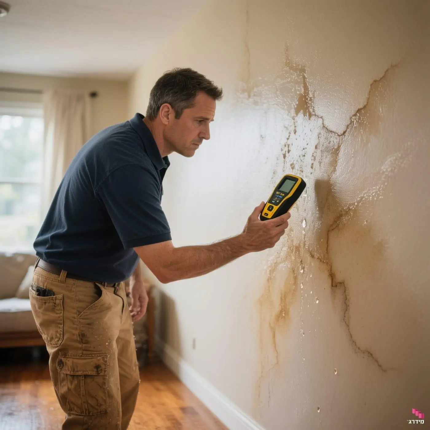 Property inspector examining an interior wall for signs of dampness and damage.