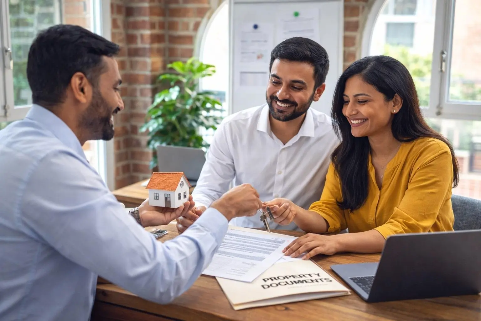 Homebuyer and real estate professional reviewing property documents before purchasing a house.