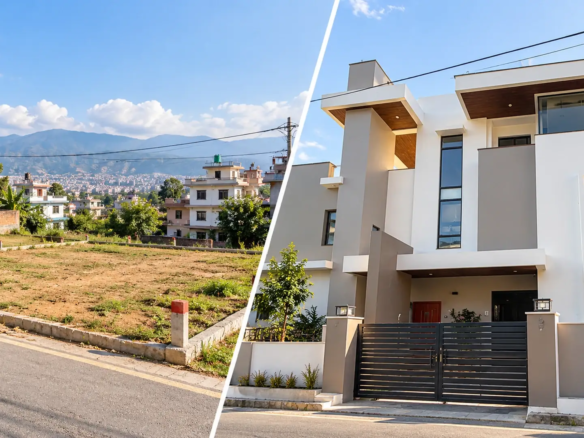 House vs land investment in Nepal showing residential land and a modern house in Kathmandu Valley.