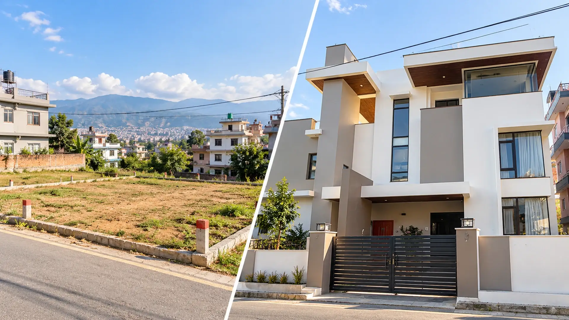 House vs land investment in Nepal showing residential land and a modern house in Kathmandu Valley.