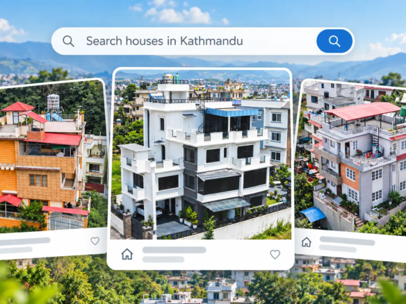Three residential property listings displayed in a search interface to help buyers find the best house in Kathmandu.