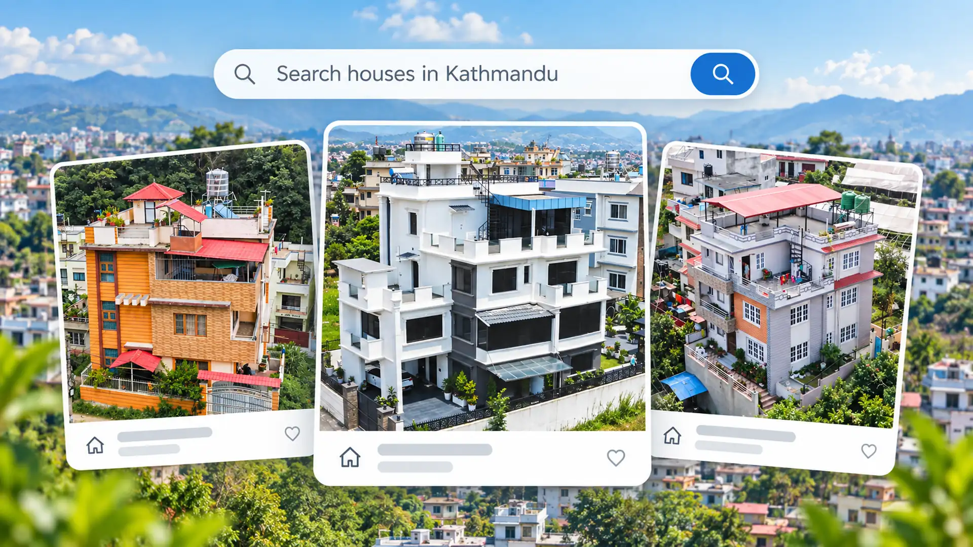 Three residential property listings displayed in a search interface to help buyers find the best house in Kathmandu.